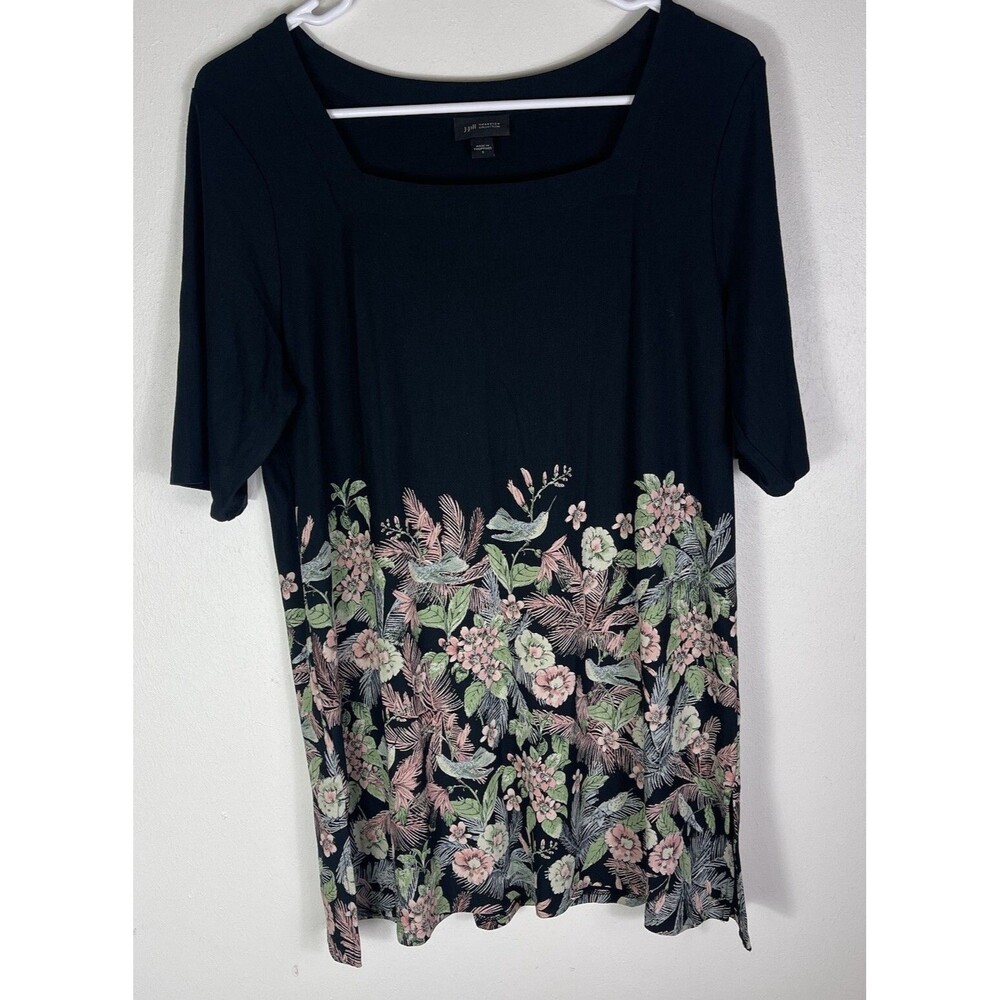 J. Jill Wearever Black Floral Tunic Top Small Boho Hippie Stretchy Prairiecore